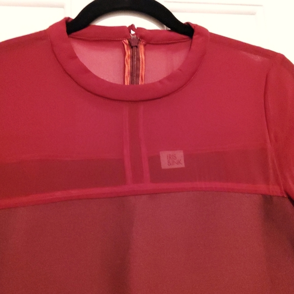 💥New💥IRIS & INK Dark Red Satin/Sheer Long- Sleeve Dress - Picture 6 of 8